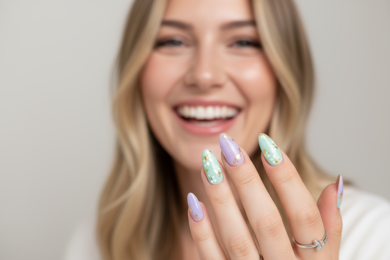 une femme hyper souriante , qui met sa main manucuré en évidence avec des faux ongles 