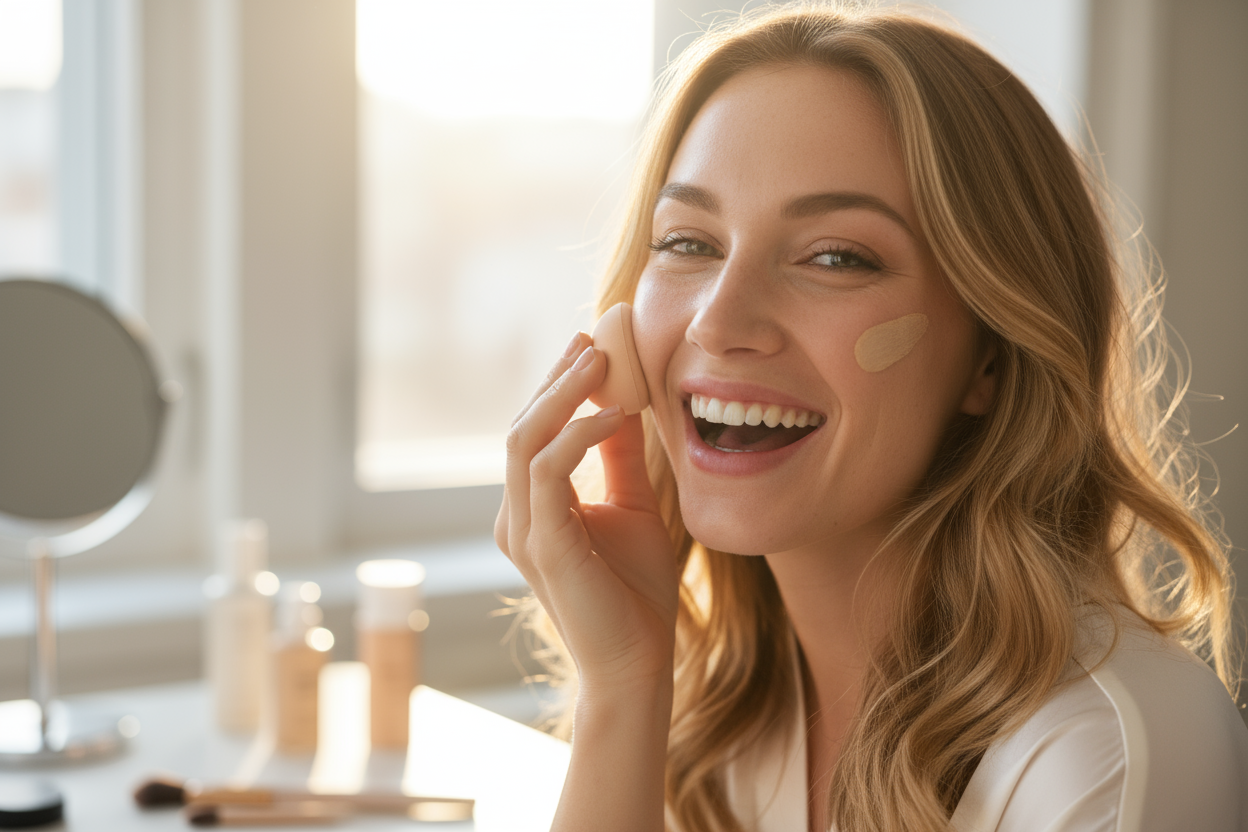une femme qui applique du fond de teint sur son visage , elle est souriante 