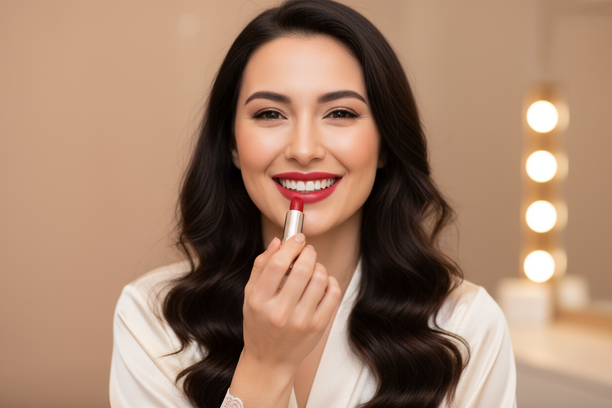 une femme qui se met du rouge a levre , elle est de face , elle est souriante 